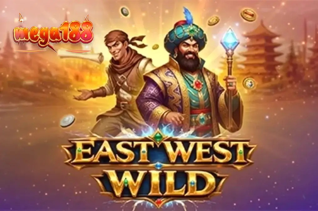 Tampilan visual slot East West Wild dengan simbol emas dan latar belakang gurun